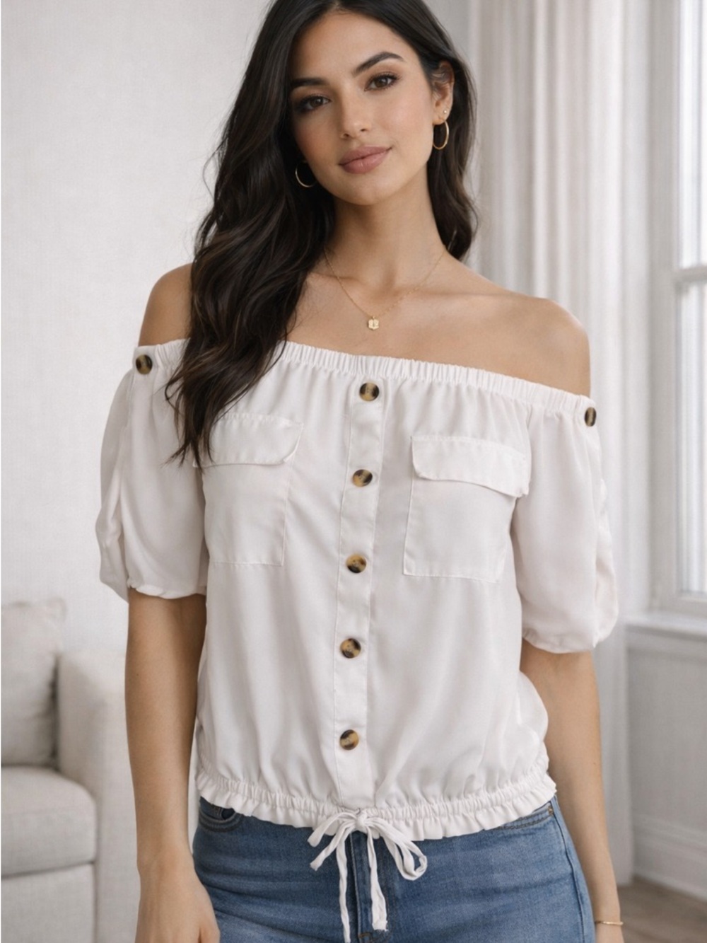 Mileage White Off Shoulder Boho Blouse‎ Tie Hem XL